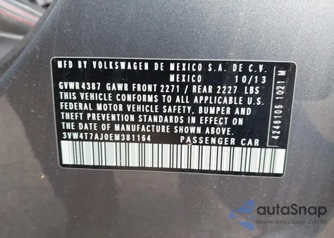 2014 Volkswagen Jetta Gli Autobahn z USA, uszkodzony, nr VIN 3VW4T7AJ0EM381164